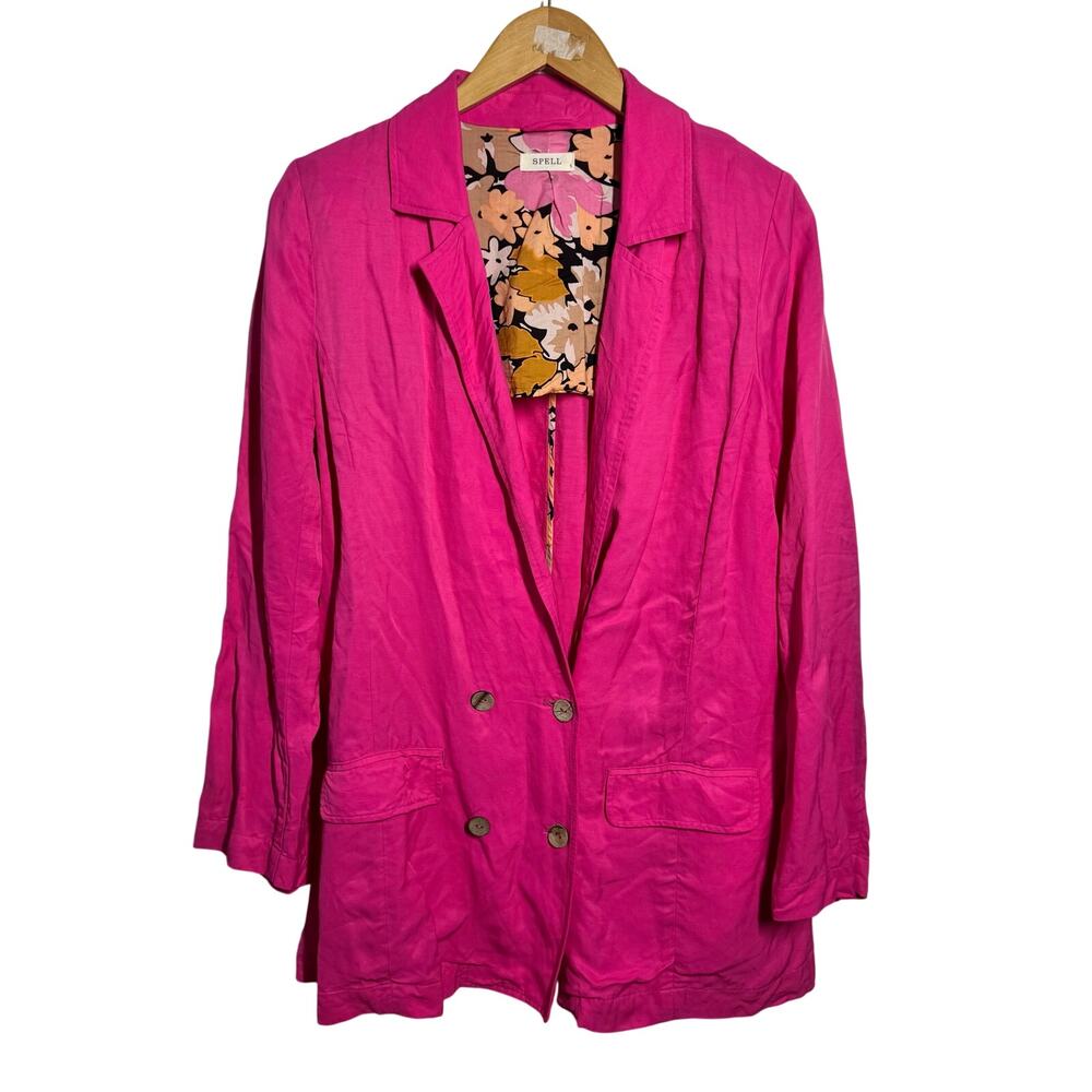 Spell & The Gypsy Vacation Blazer Jacket Women S Hibiscus Pink Linen Blend Prep
